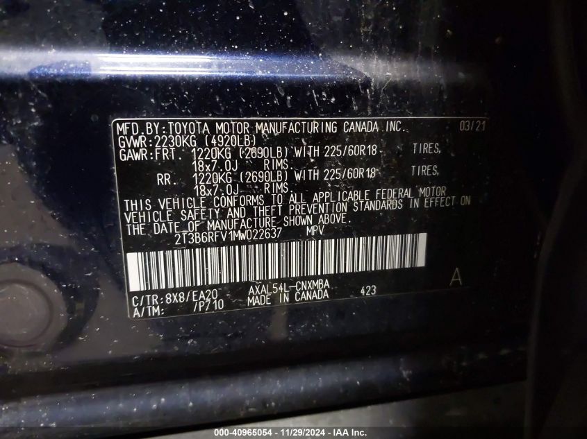 VIN 2T3B6RFV1MW022637 2021 TOYOTA RAV4 HYBRID no.9