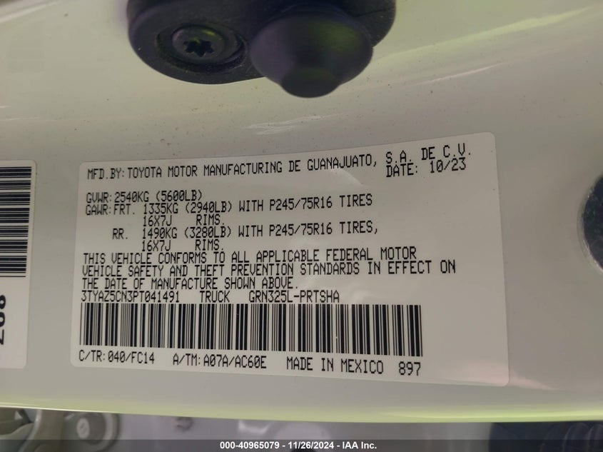 2023 TOYOTA TACOMA VIN: 3TYAZ5CN3PT041491