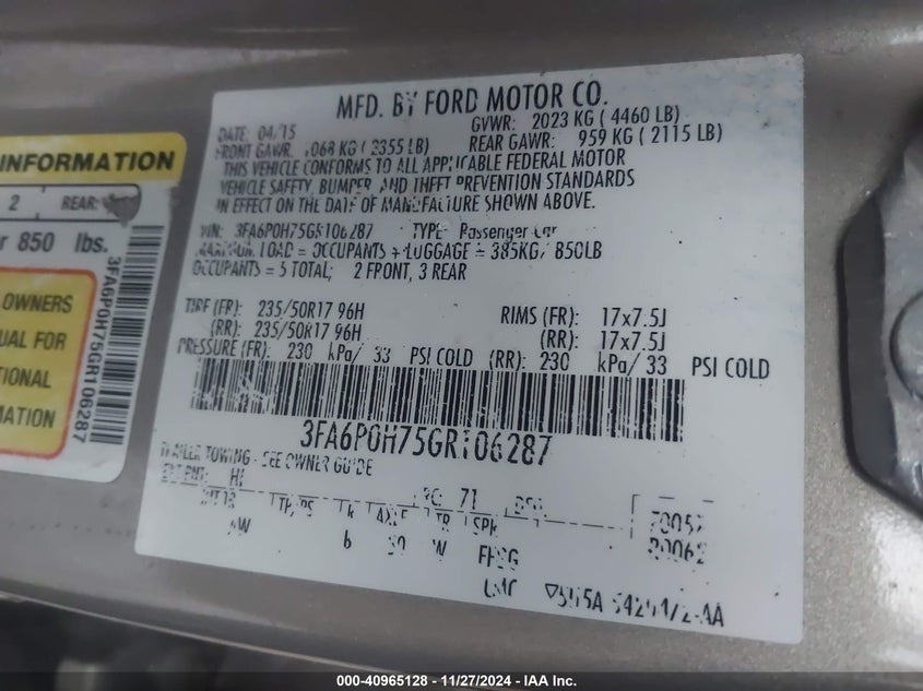 2016 FORD FUSION VIN: 3FA6P0H75GR106287