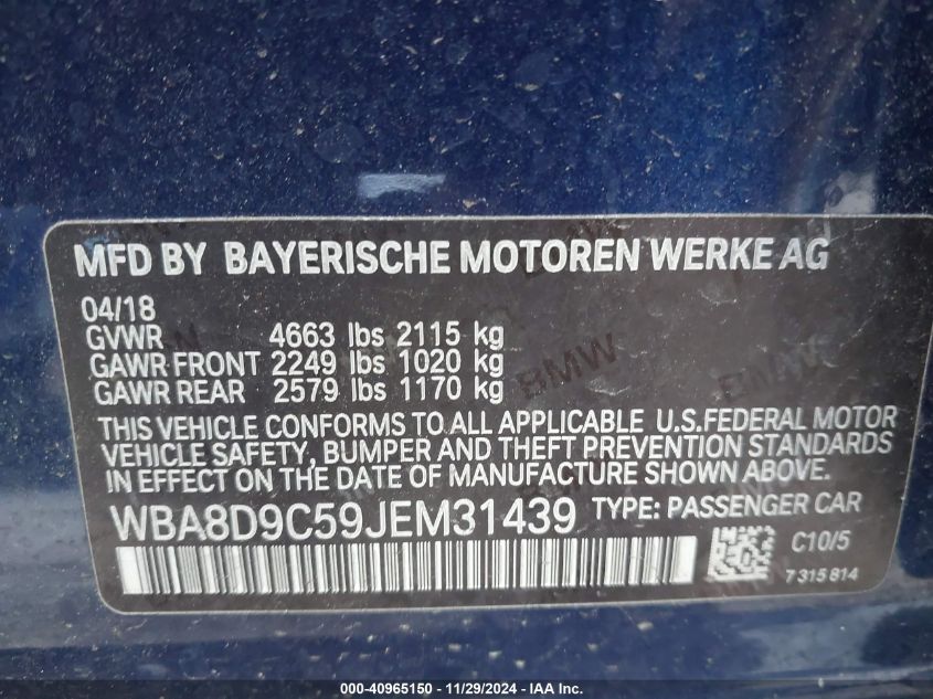 VIN WBA8D9C59JEM31439 2018 BMW 3 Series, 330I Xdrive no.9