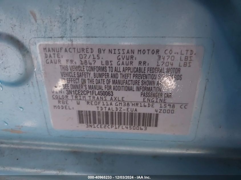 VIN 3N1CE2CP1FL450063 2015 Nissan Versa, Note SV no.9