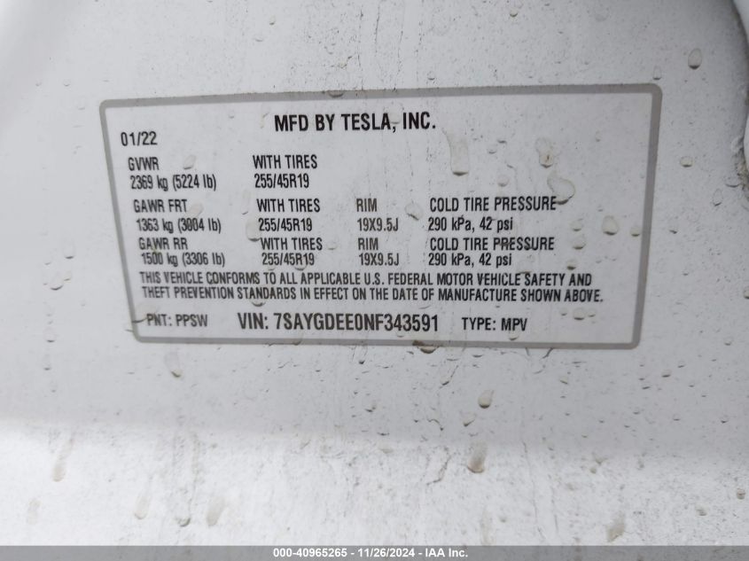 VIN 7SAYGDEE0NF343591 2022 TESLA MODEL Y no.9