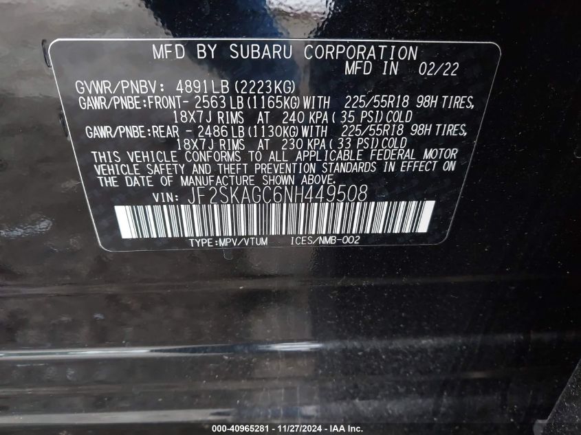 2022 SUBARU FORESTER SPORT - JF2SKAGC6NH449508
