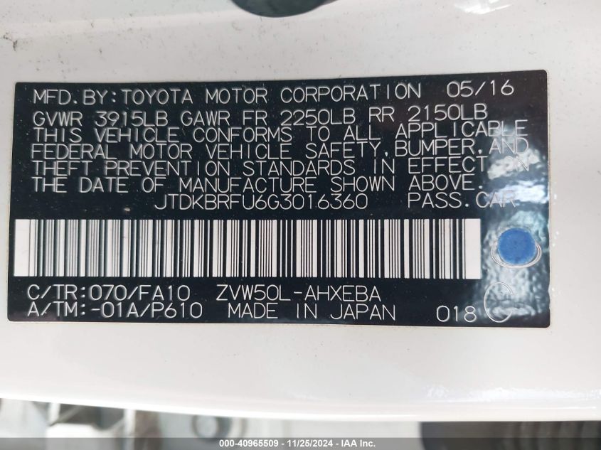 VIN JTDKBRFU6G3016360 2016 Toyota Prius, Two no.9