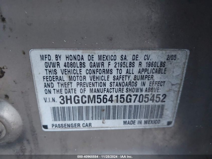 2005 Honda Accord 2.4 Lx VIN: 3HGCM56415G705452 Lot: 40965584