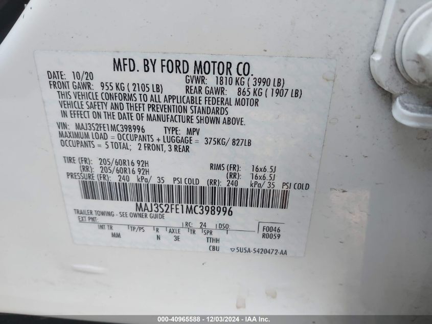 2021 Ford Ecosport S VIN: MAJ3S2FE1MC398996 Lot: 40965588