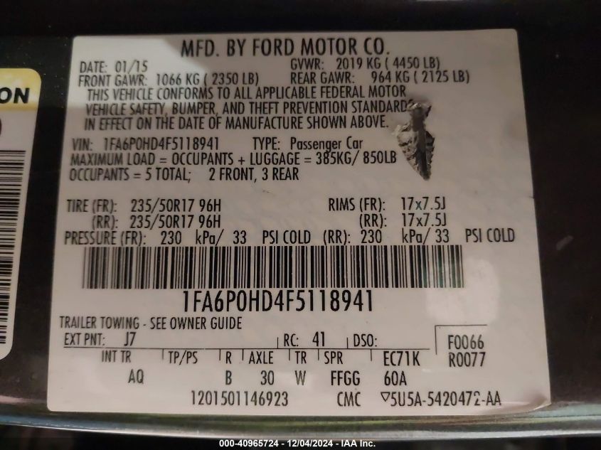 VIN 1FA6P0HD4F5118941 2015 Ford Fusion, SE no.9