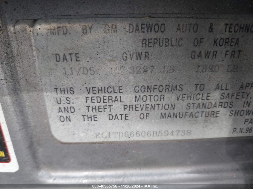 2006 Chevrolet Aveo Ls VIN: KL1TD66606B594738 Lot: 40965756