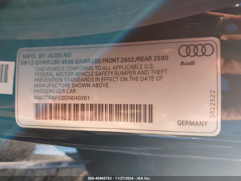 2013 Audi A6 2.0T Premium Plus VIN: WAUDFAFC0DN049261 Lot: 40965763