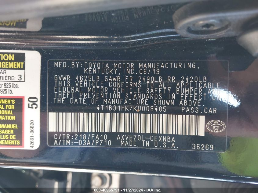 VIN 4T1B31HK7KU008485 2019 Toyota Camry, Hybrid LE no.9