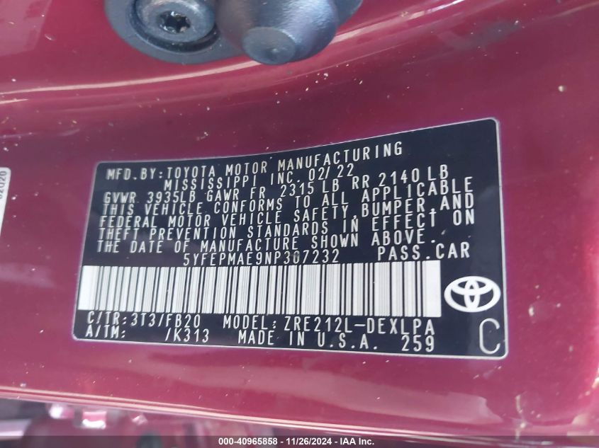 VIN 5YFEPMAE9NP307232 2022 TOYOTA COROLLA no.9