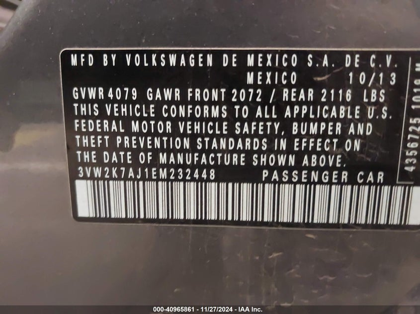 2014 VOLKSWAGEN JETTA VIN: 3VW2K7AJ1EM232448