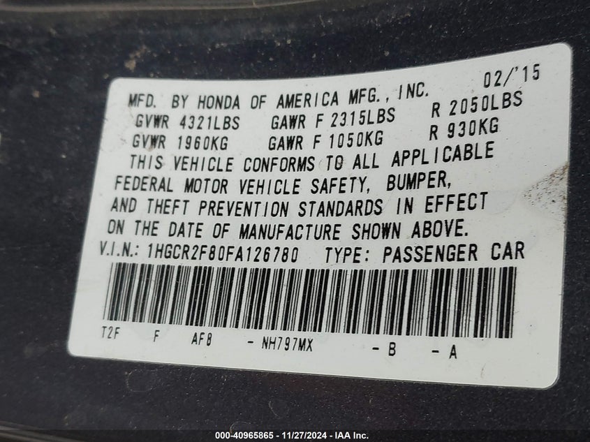 2015 HONDA ACCORD VIN: 1HGCR2F80FA126780