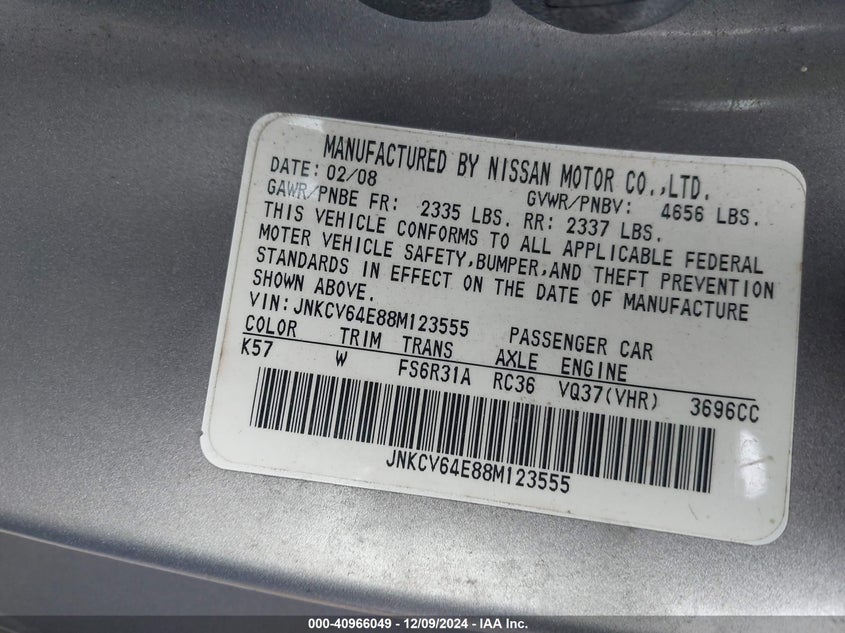 2008 INFINITI G37 VIN: JNKCV64E88M123555