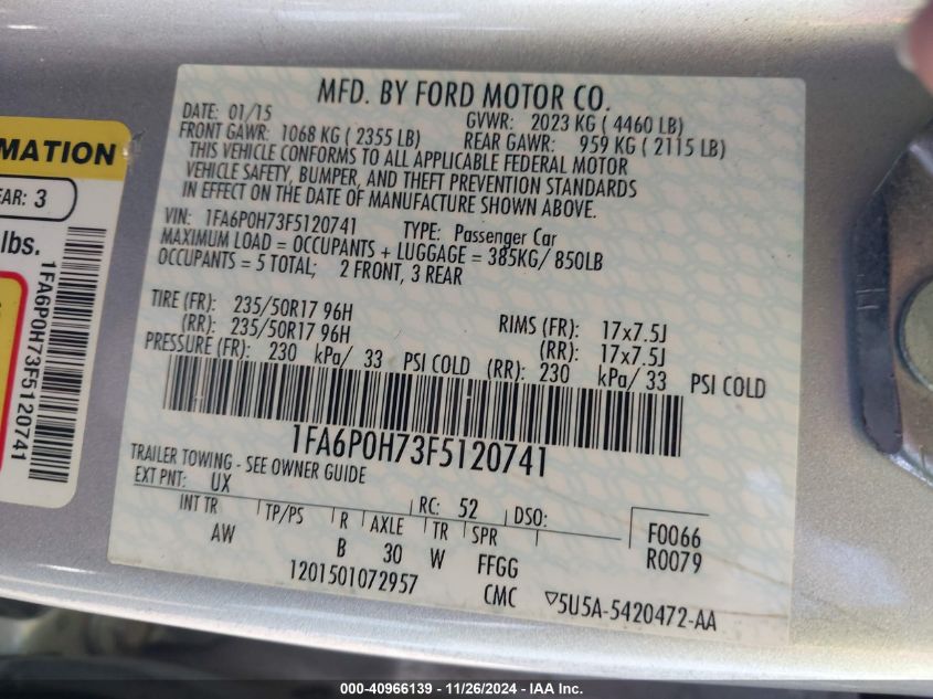 VIN 1FA6P0H73F5120741 2015 Ford Fusion, SE no.9