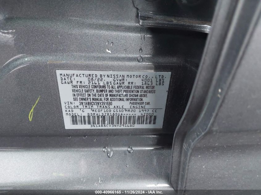 2022 Nissan Sentra Sv Xtronic Cvt VIN: 3N1AB8CV3NY291680 Lot: 40966165