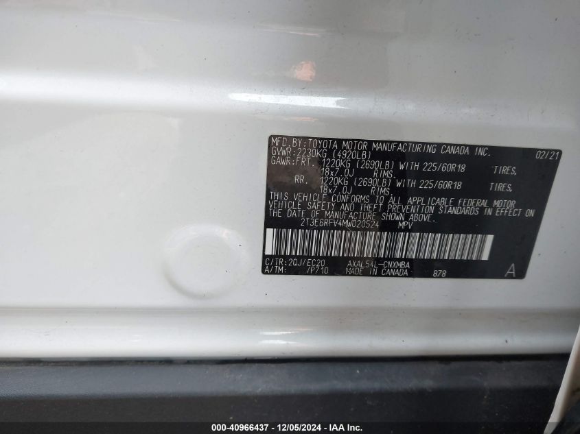 VIN 2T3E6RFV4MW020524 2021 Toyota RAV4, Hybrid Xse no.9