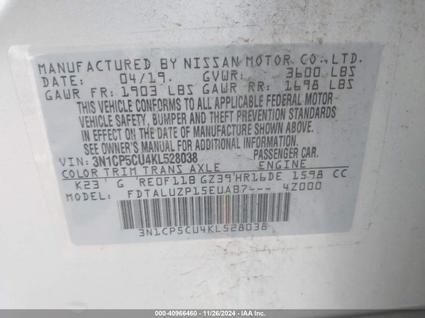 VIN 3N1CP5CU4KL528038 2019 NISSAN KICKS SR