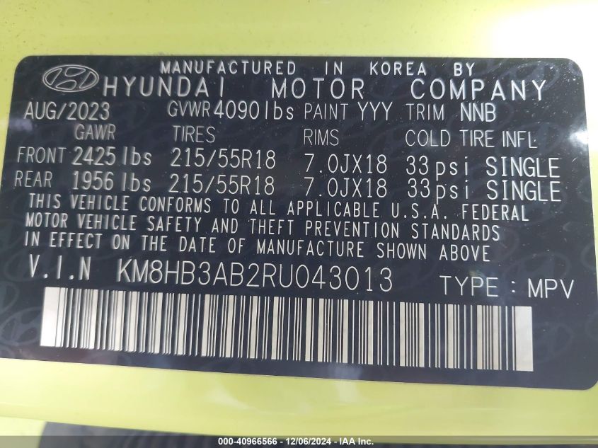 2024 Hyundai Kona Sel VIN: KM8HB3AB2RU043013 Lot: 40966566