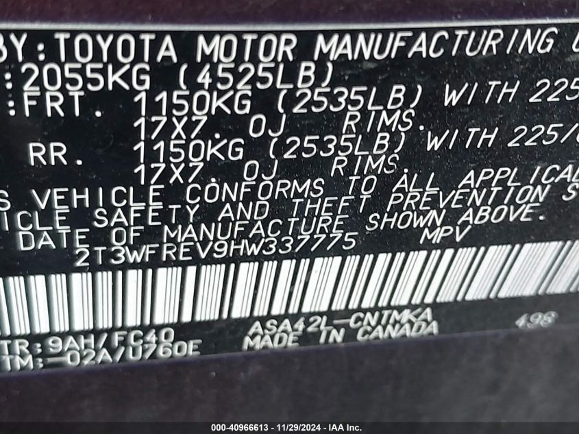 VIN 2T3WFREV9HW337775 2017 Toyota RAV4, Xle no.9