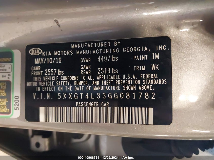 2016 KIA OPTIMA VIN: 5XXGT4L33GG081782