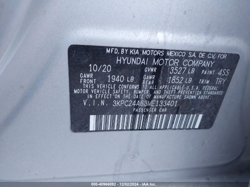 VIN 3KPC24A63ME133401 2021 HYUNDAI ACCENT no.9