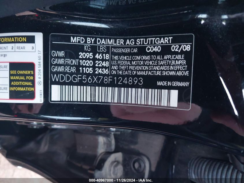 2008 Mercedes-Benz C 350 Sport VIN: WDDGF56X78F124893 Lot: 40967000