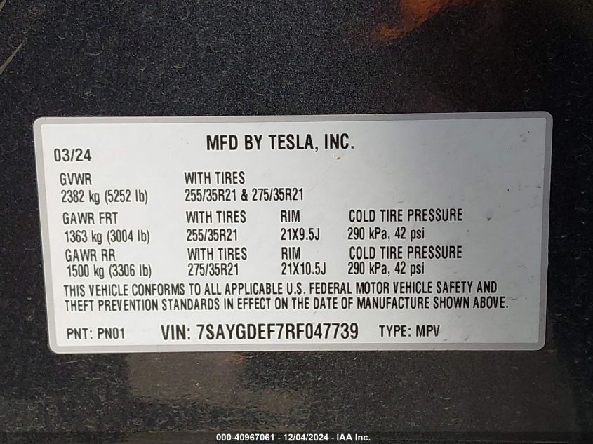 2024 Tesla Model Y Performance Dual Motor All-Wheel Drive VIN: 7SAYGDEF7RF047739 Lot: 40967061