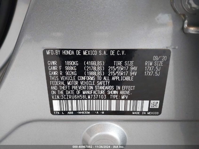 2020 HONDA HR-V AWD EX - 3CZRU6H58LM737103