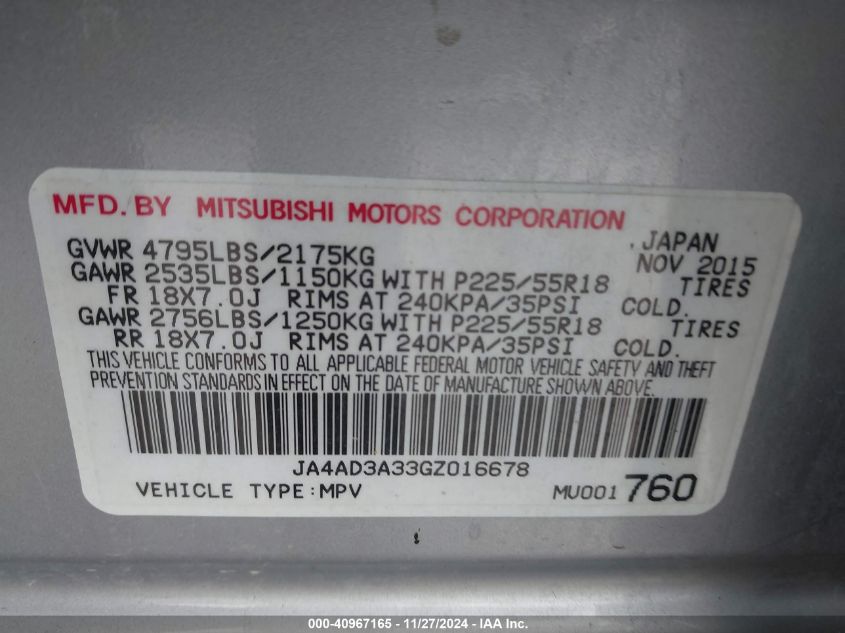 2016 Mitsubishi Outlander Sel VIN: JA4AD3A33GZ016678 Lot: 40967165