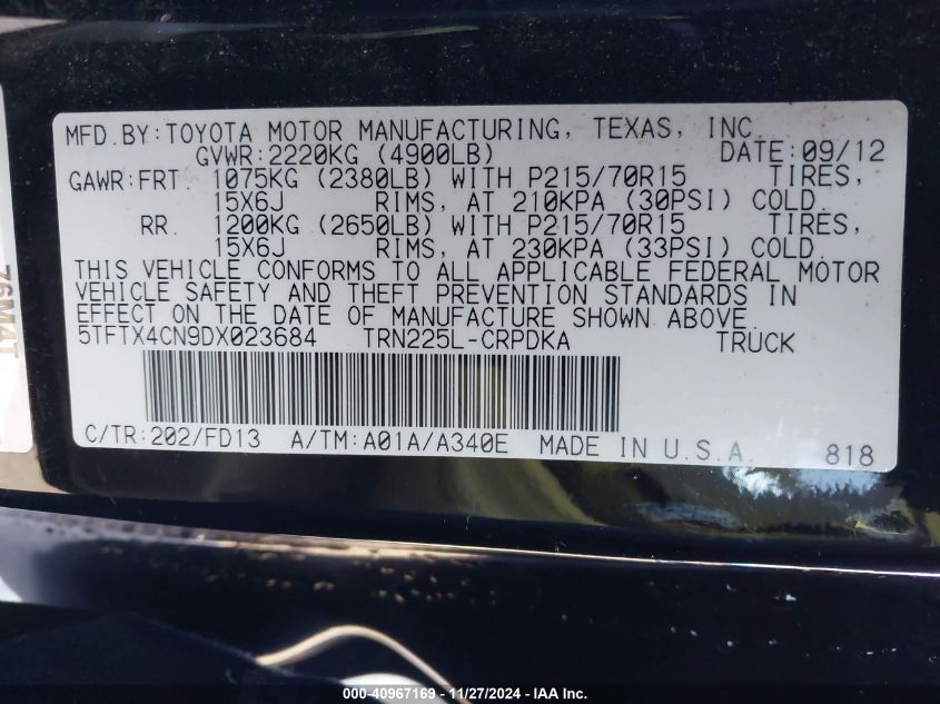 VIN 5TFTX4CN9DX023684 2013 Toyota Tacoma, Access Cab no.9