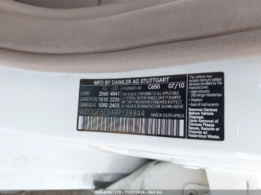 2011 Mercedes-Benz C Luxury/Sport VIN: 0WDDGF5EB4BR13884 Lot: 40967219