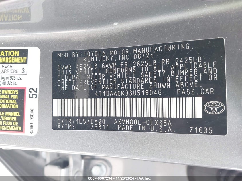 2025 TOYOTA CAMRY(VIN: 4T1DAACK3SU518046