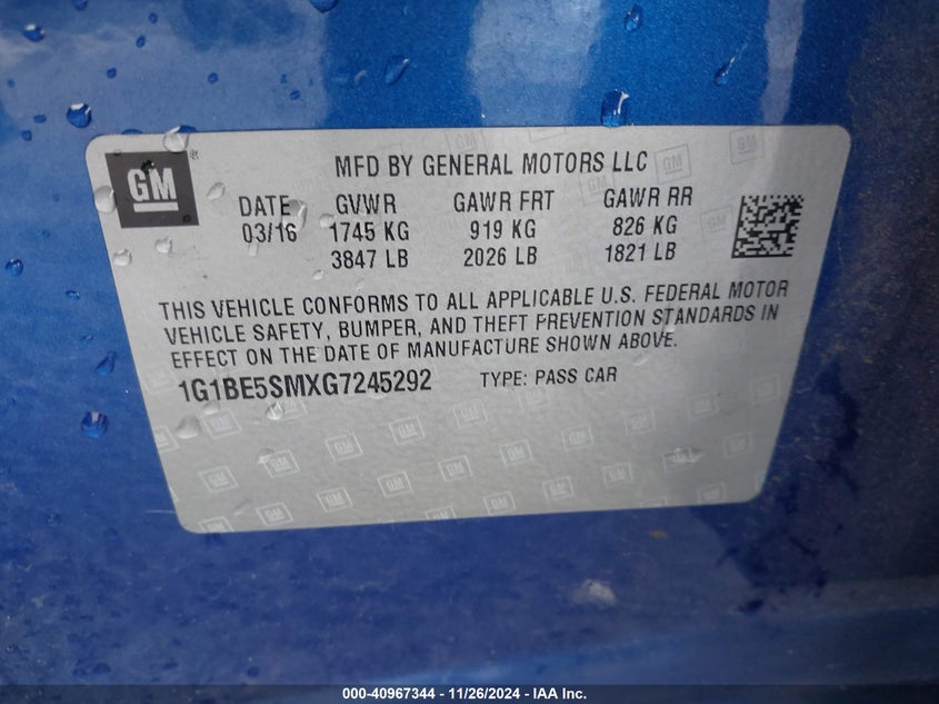 2016 CHEVROLET CRUZE VIN: 1G1BE5SMXG7245292
