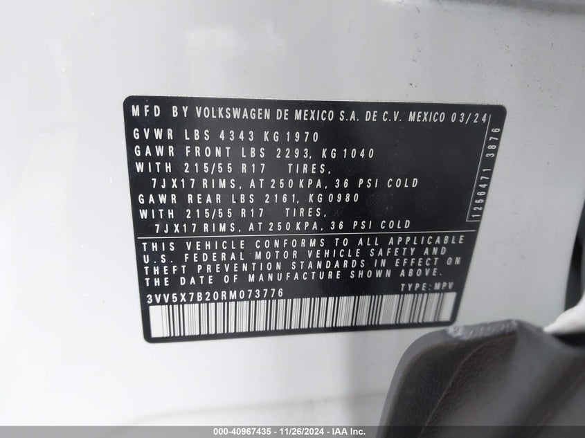 2024 VOLKSWAGEN TAOS VIN: 3VV5X7B20RM073776