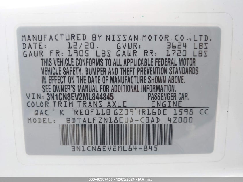 2021 Nissan Versa Sv Xtronic Cvt VIN: 3N1CN8EV2ML844845 Lot: 40967456