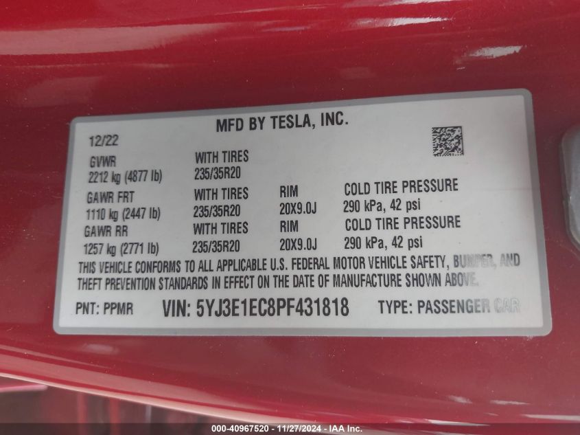 2023 Tesla Model 3 Performance Dual Motor All-Wheel Drive VIN: 5YJ3E1EC8PF431818 Lot: 41200348