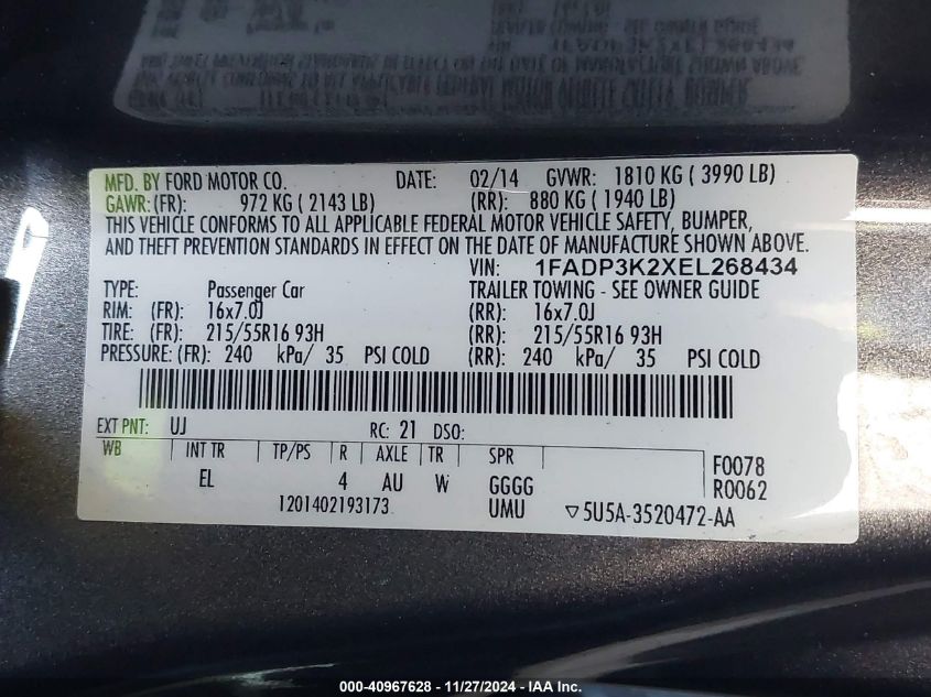 VIN 1FADP3K2XEL268434 2014 Ford Focus, SE no.9