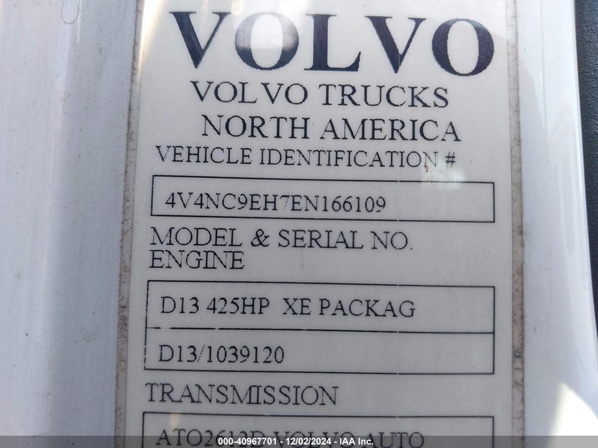 2014 Volvo Vn Vnl VIN: 4V4NC9EH7EN166109 Lot: 40967701