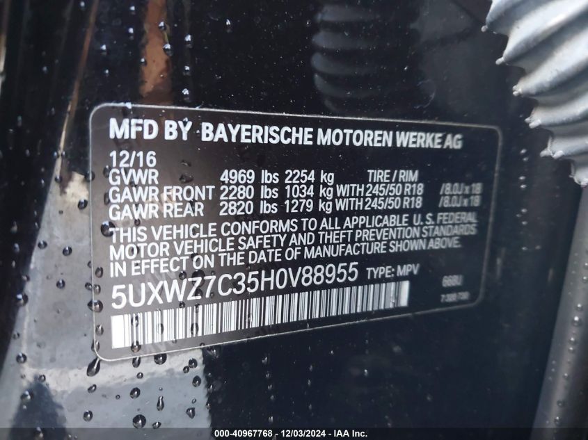 VIN 5UXWZ7C35H0V88955 2017 BMW X3, Sdrive28I no.9