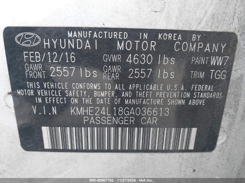 VIN KMHE24L18GA036613 2016 Hyundai Sonata, Hybrid SE no.9