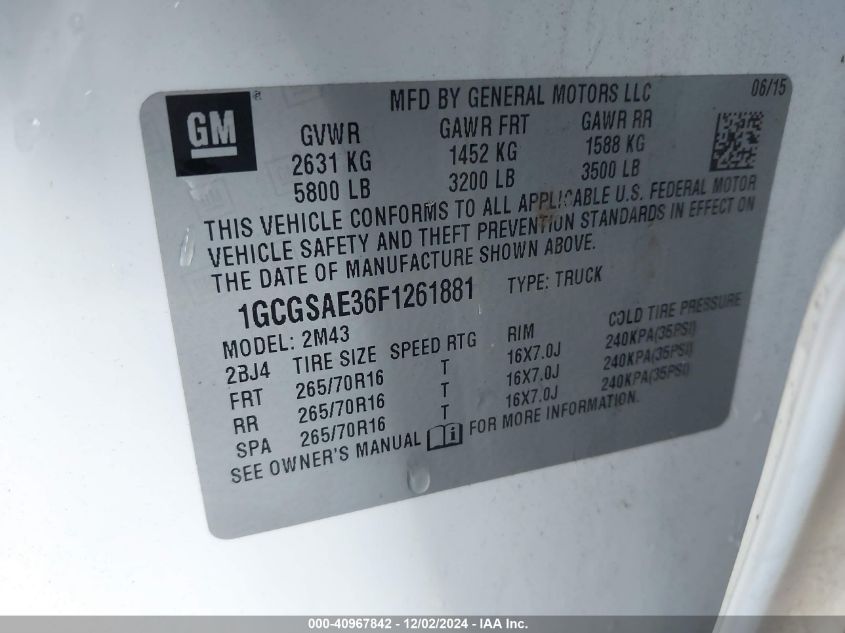 VIN 1GCGSAE36F1261881 2015 CHEVROLET COLORADO no.9