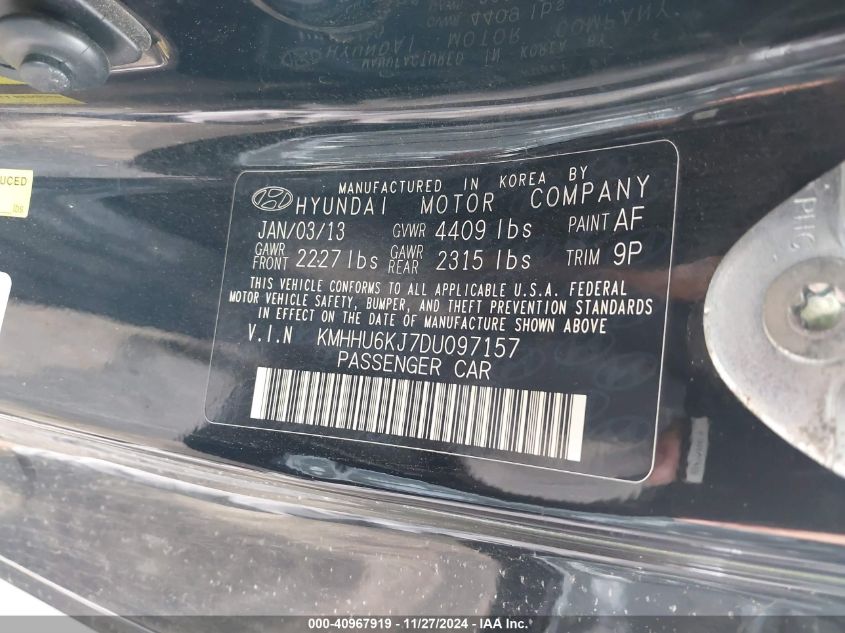 2013 HYUNDAI GENESIS VIN: KMHHU6KJ7DU097157