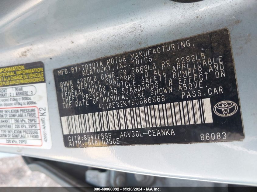 2006 Toyota Camry Le VIN: 4T1BE32K16U686668 Lot: 40968032