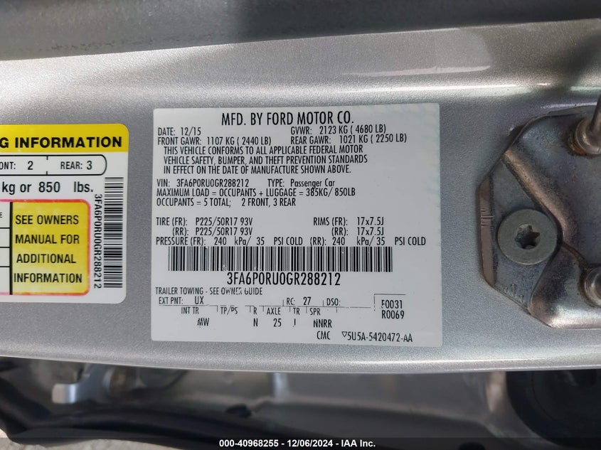 2016 FORD FUSION VIN: 3FA6P0RU0GR288212