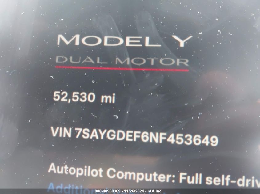 2022 Tesla Model Y Performance Dual Motor All-Wheel Drive VIN: 7SAYGDEF6NF453649 Lot: 40968369