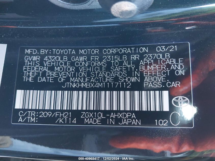 VIN JTNKHMBX4M1117112 2021 Toyota C-HR, LE no.9