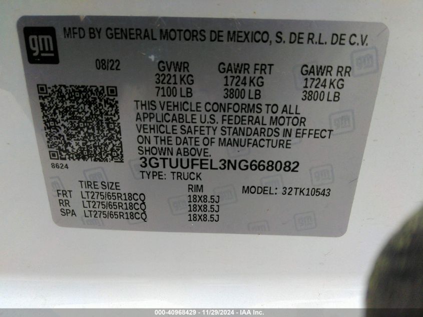 VIN 3GTUUFEL3NG668082 2022 GMC SIERRA 1500 no.9