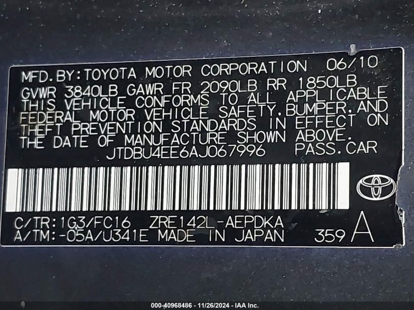 2010 Toyota Corolla Le VIN: JTDBU4EE4AJ067799 Lot: 40968486