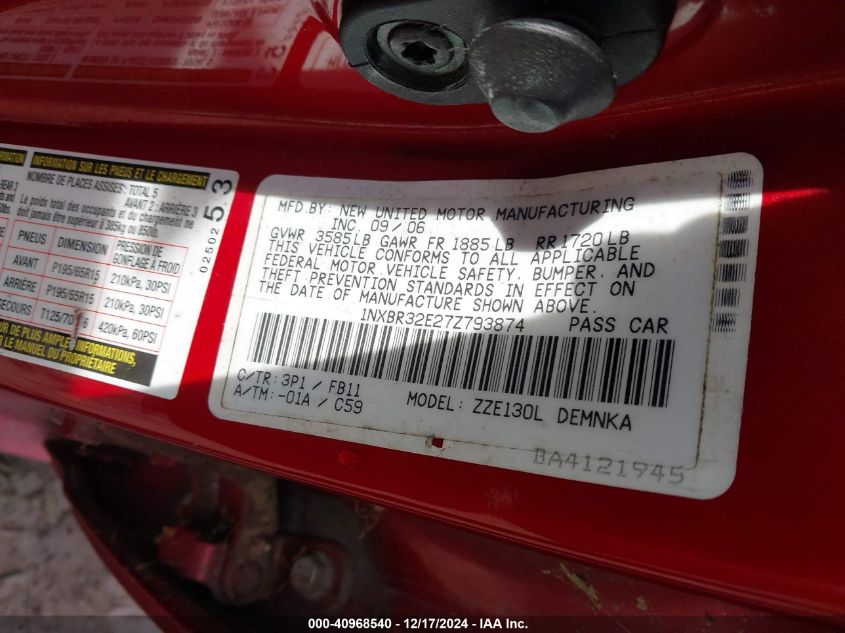 2007 Toyota Corolla Le VIN: 1NXBR32E27Z793874 Lot: 40968540